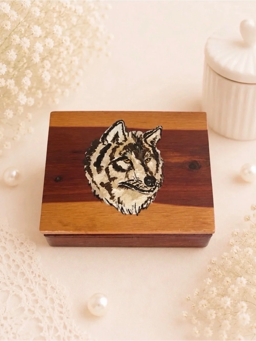 Wooden Wolf Accent Box in Natural and Brown